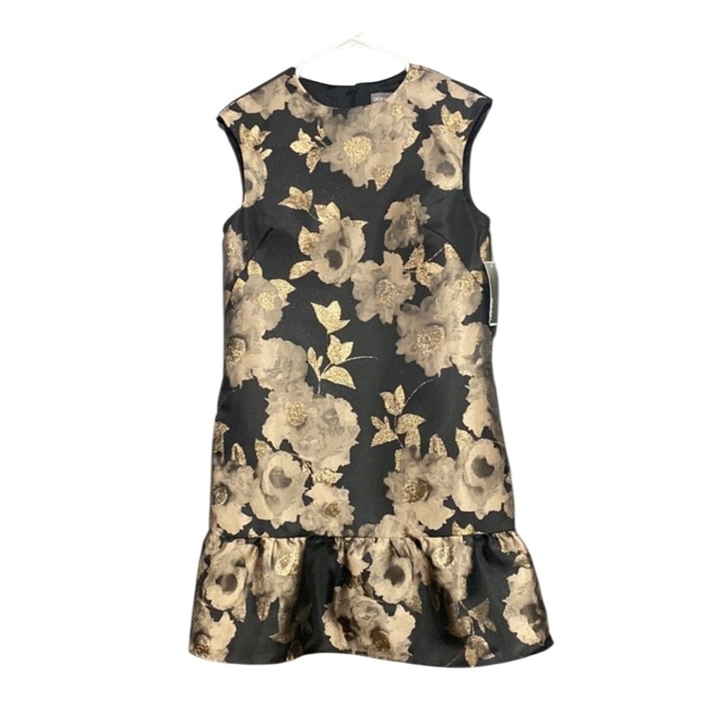 Donna Ricco New York Gold Black Floral Brocade Ruffle Drop Waist Dress Sz 2 NEW‎